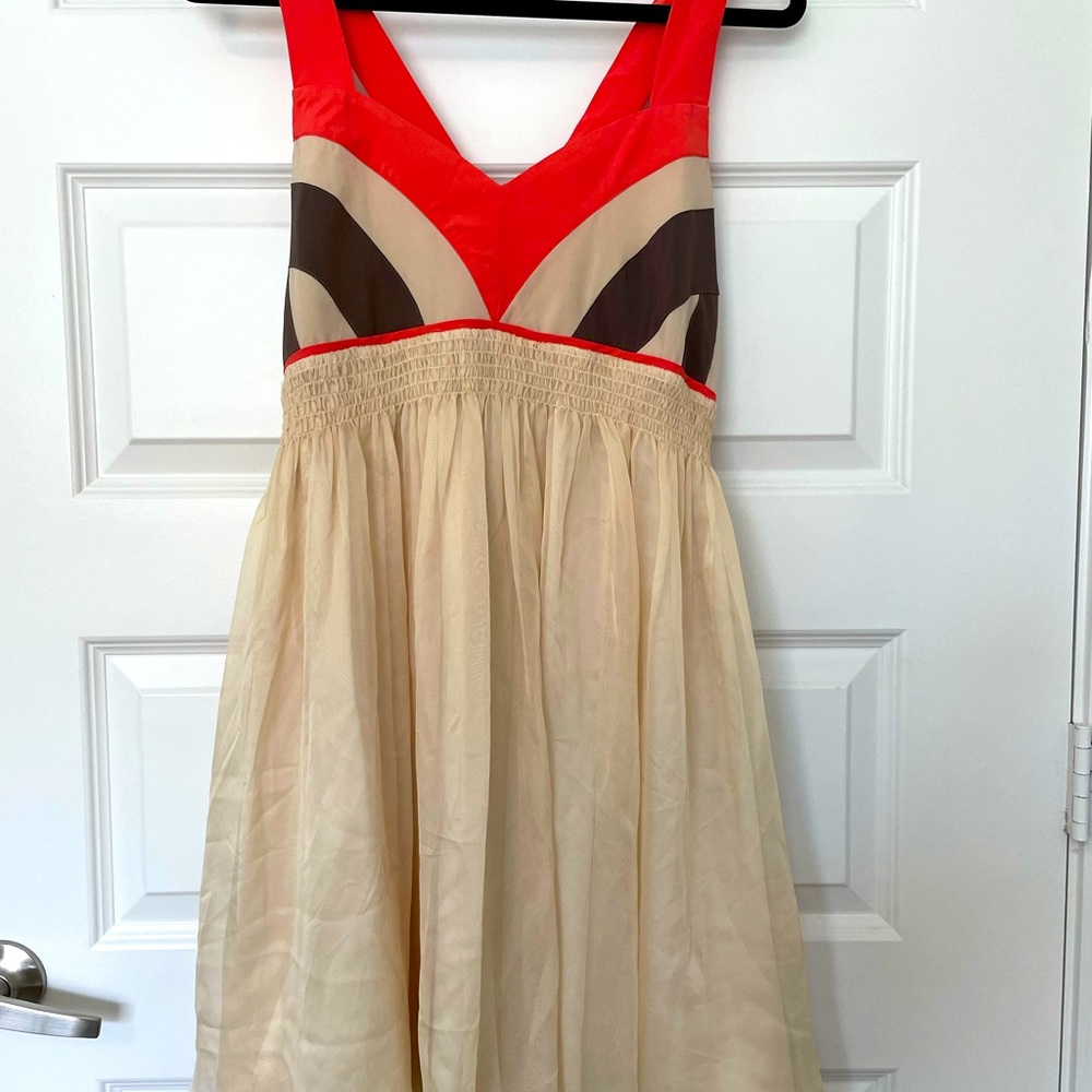 Ryu tan, brown, & coral dress, size L.
